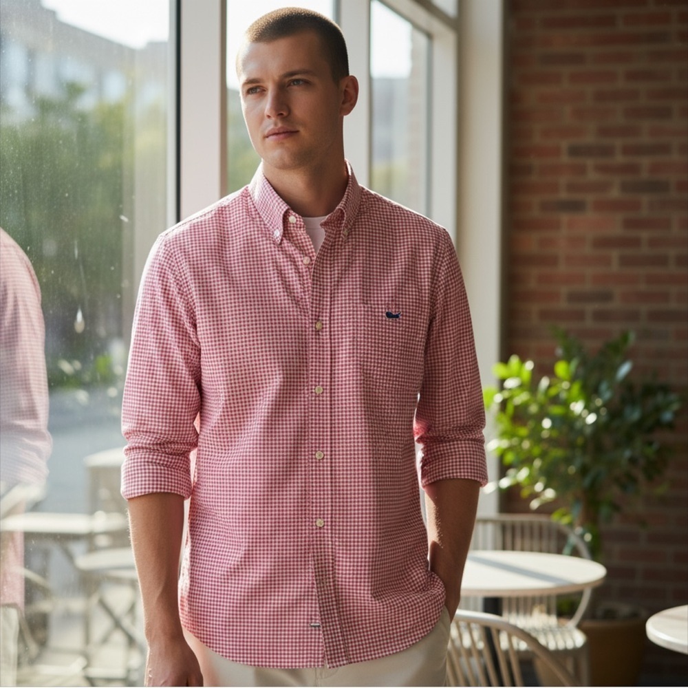 Vineyard Vines Performance Button Down Classic Fit Tucker Shirt Red White Checks